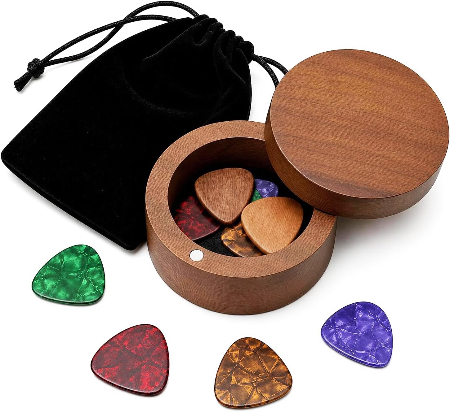 Wooden Guitar Pick Case with Rotating Magnetic Lid - 2 Wood and 8 Celluloid Picks