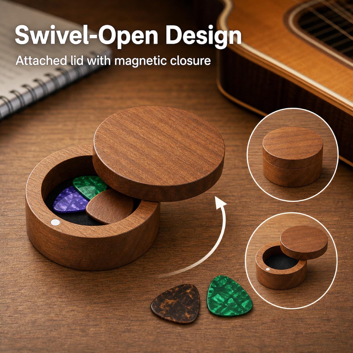Wooden Guitar Pick Case with Rotating Magnetic Lid - 2 Wood and 8 Celluloid Picks