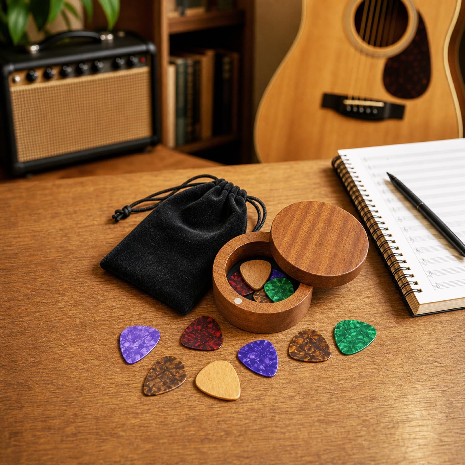 Wooden Guitar Pick Case with Rotating Magnetic Lid - 2 Wood and 8 Celluloid Picks