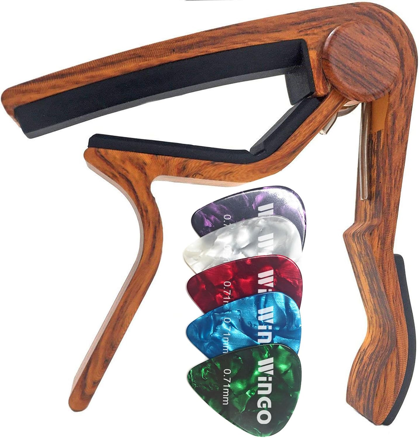 Guitar Capo in Rosewood Finish with 5 Picks - Acoustic and Electric