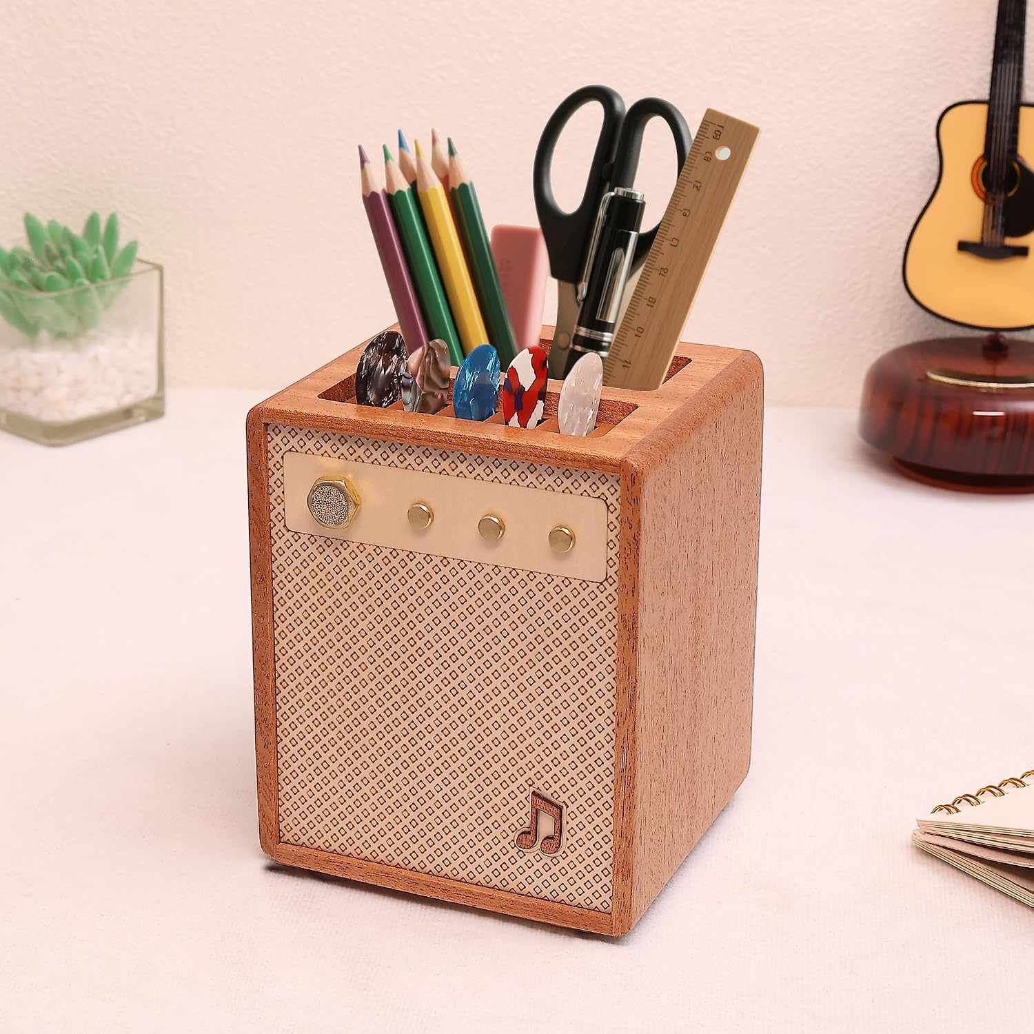 Amp-Styled Pick Holder in Sapele Wood with Pen Storage