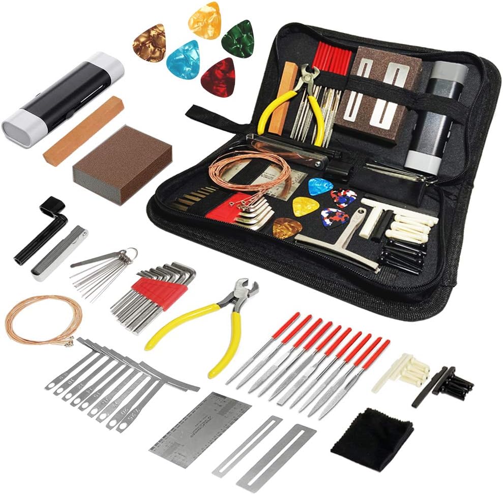 72-Piece Guitar Repair and Maintenance Tool Kit with Strings, Picks and Bridge Pins
