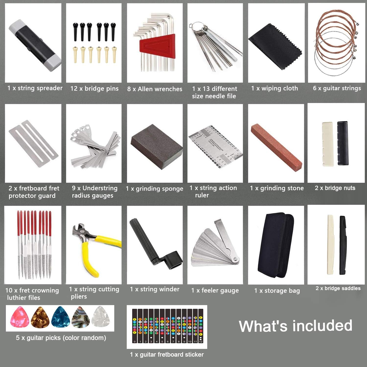 72-Piece Guitar Repair and Maintenance Tool Kit with Strings, Picks and Bridge Pins