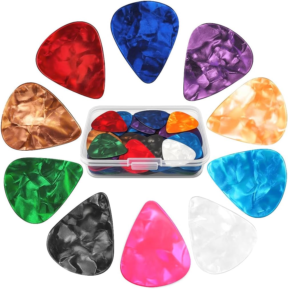 Celluloid Guitar Picks, 60 Pack with Organiser Box - Thin, Medium and Heavy