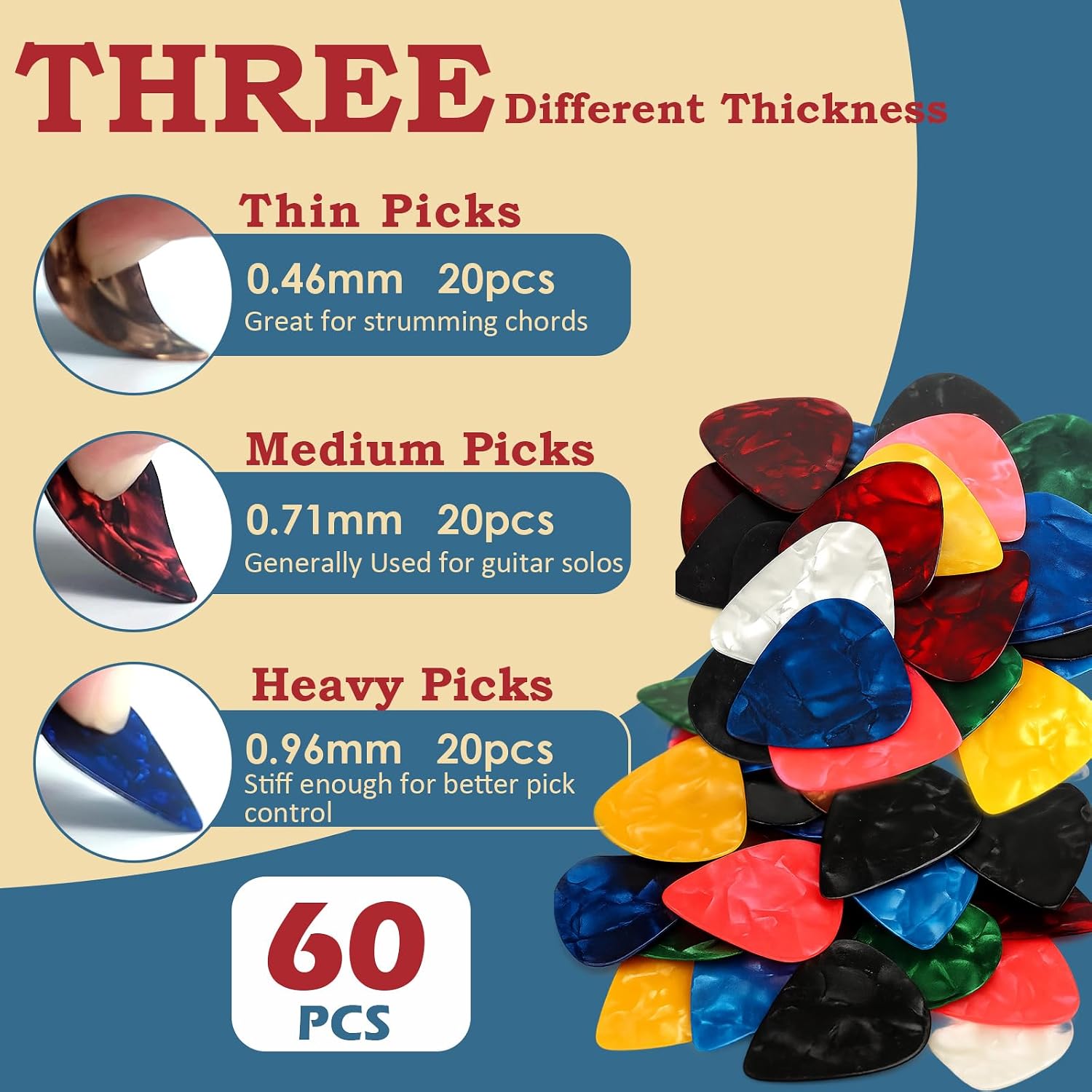 Celluloid Guitar Picks, 60 Pack with Organiser Box - Thin, Medium and Heavy