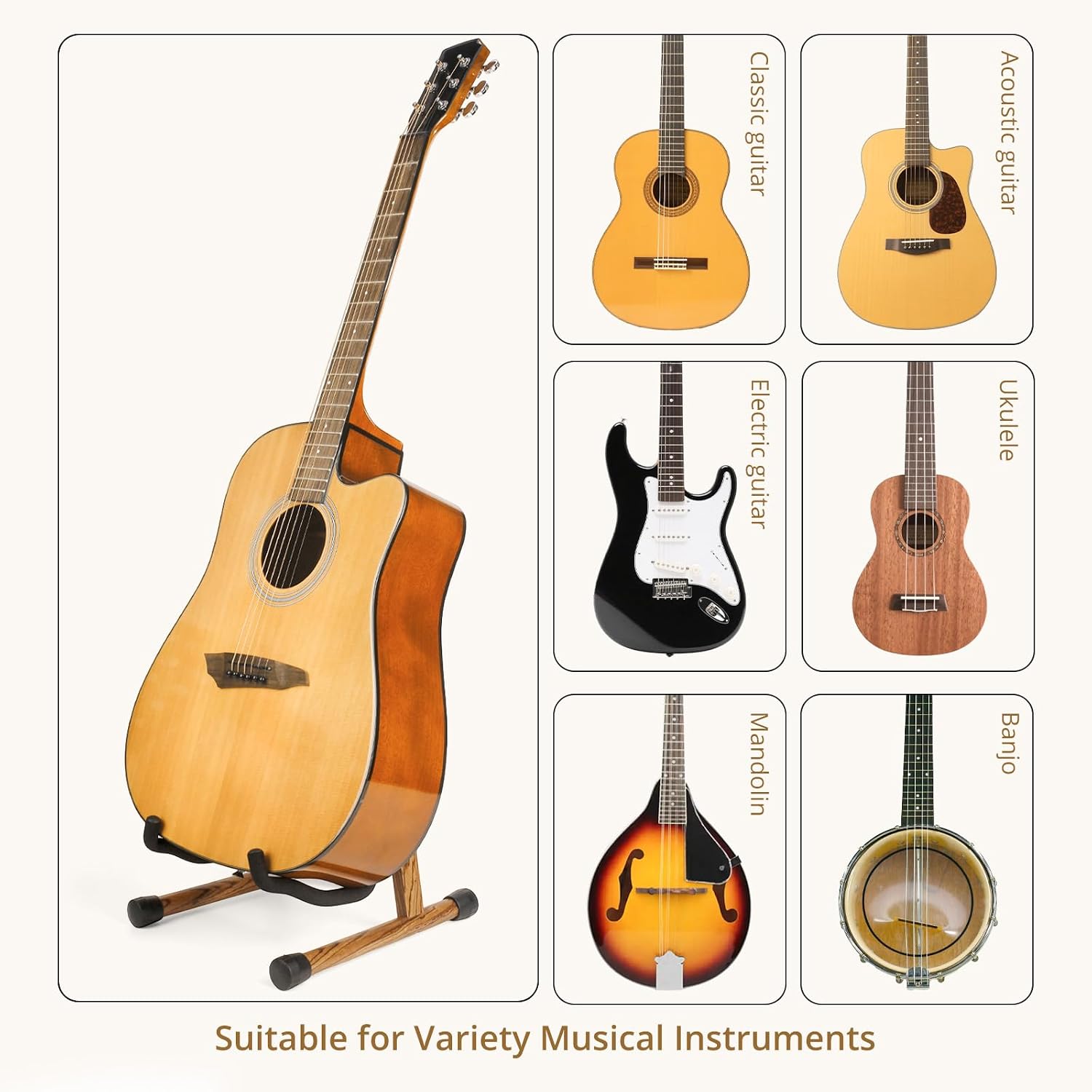 Wooden Folding Guitar Stand, Zebra Finish - Acoustic, Classical, Electric and Bass