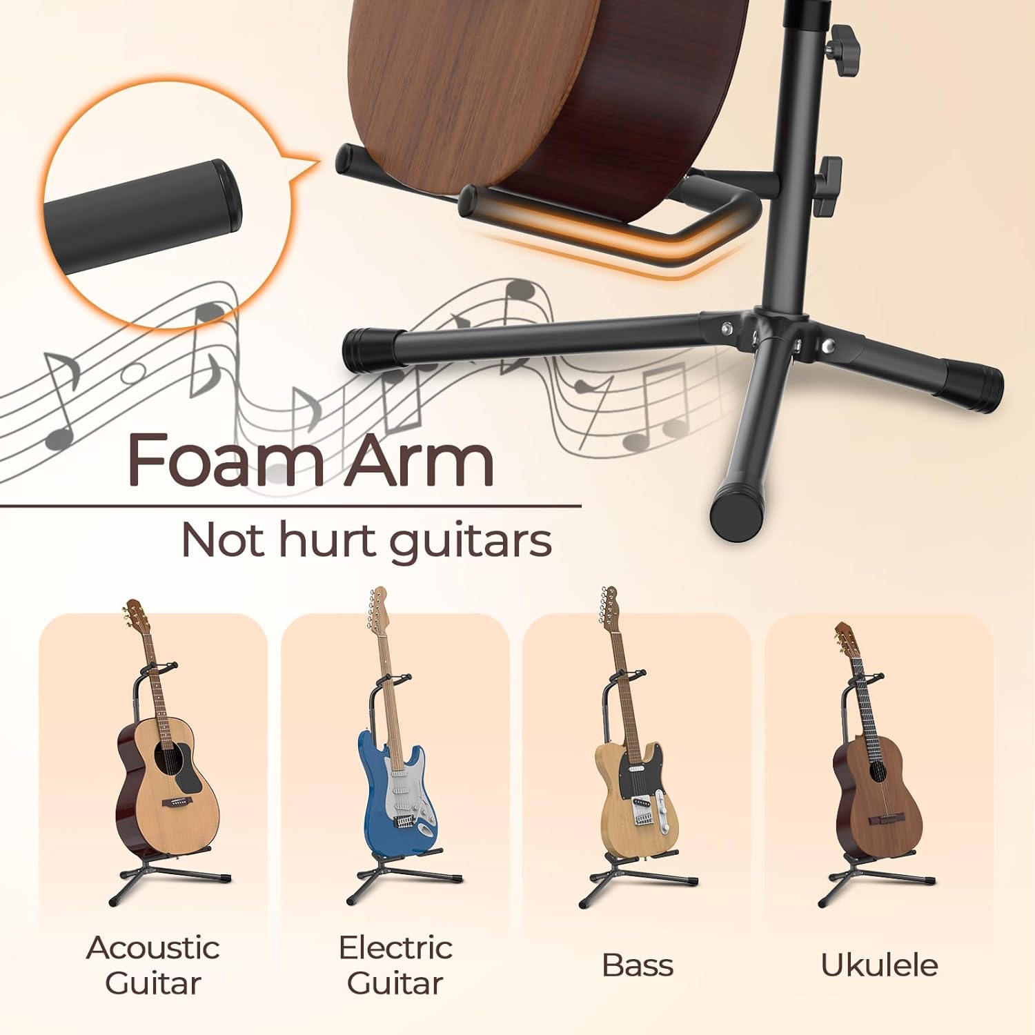 Folding Guitar Stand, Adjustable - 20 lb Load Capacity, Black