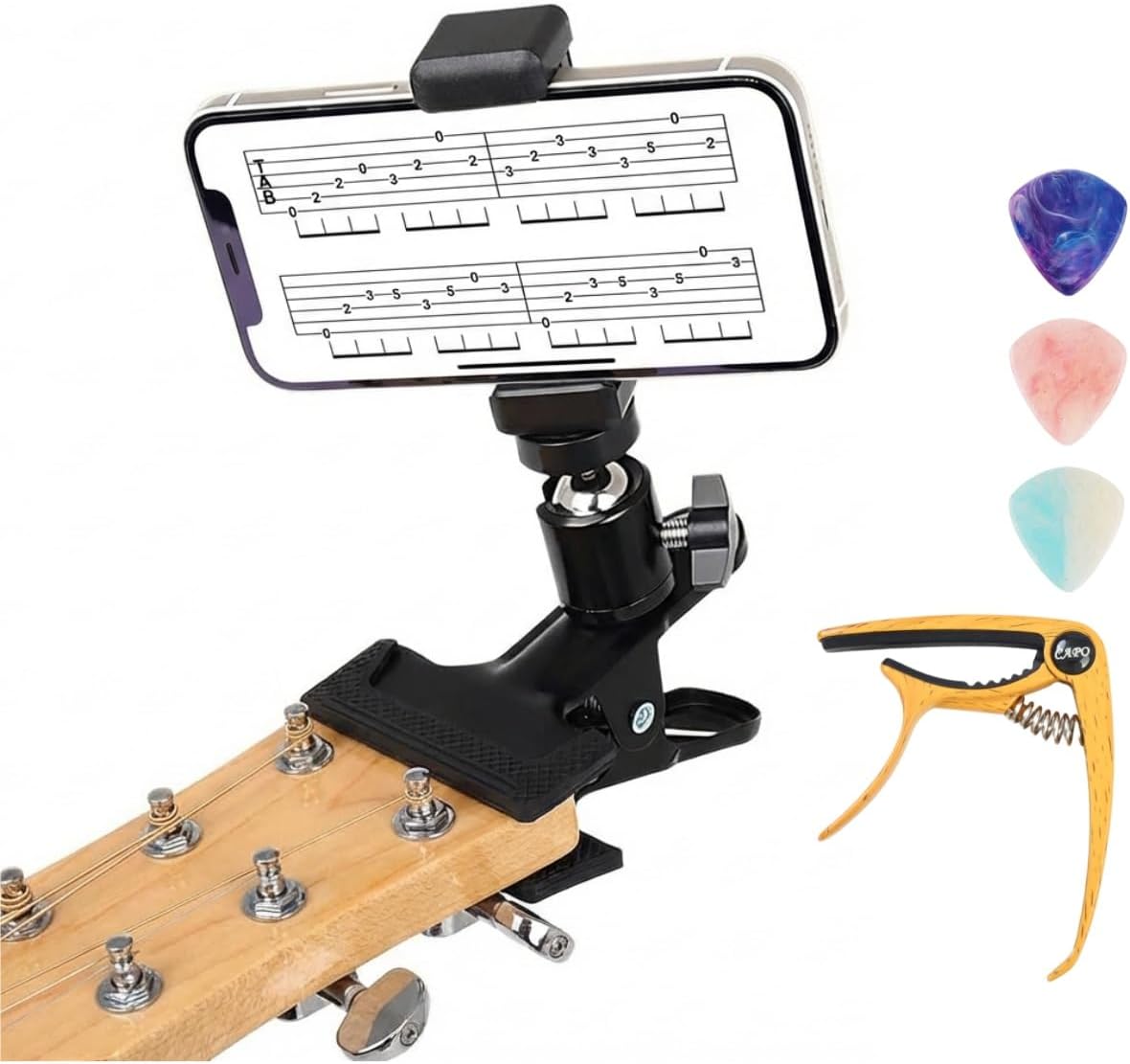 Guitar Accessory Kit with Capo, Phone Mount and 3 Picks - 360 Degree Rotating Clip