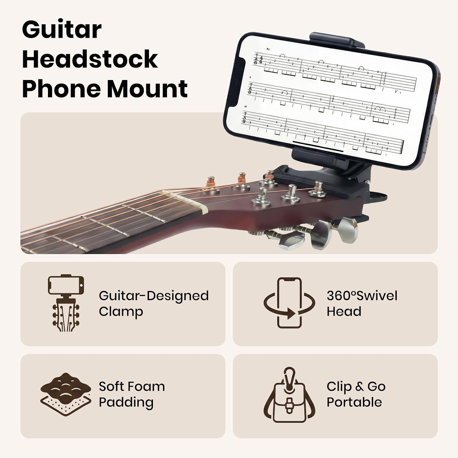 Guitar Accessory Kit with Capo, Phone Mount and 3 Picks - 360 Degree Rotating Clip