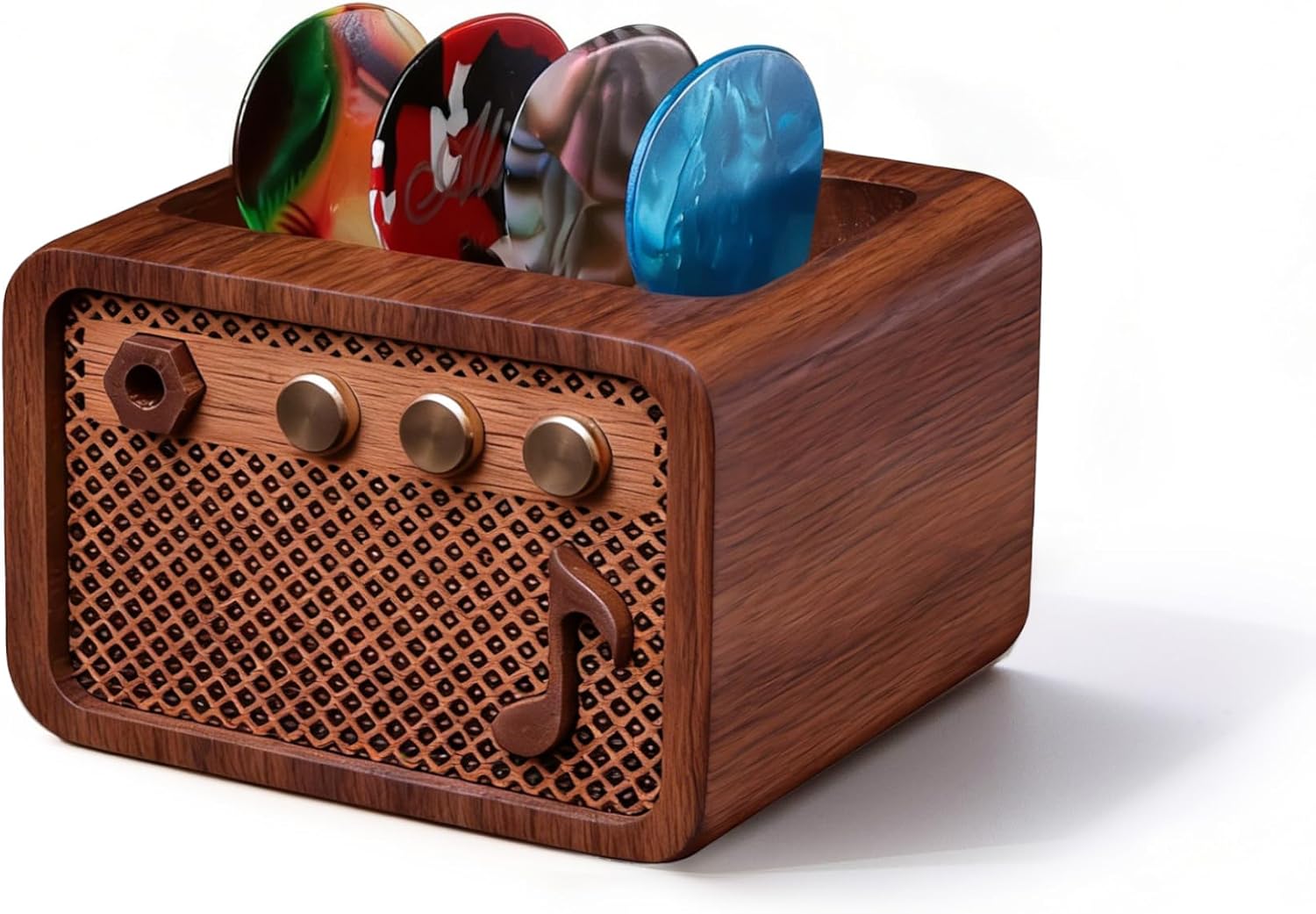 Walnut Wood Amp-Styled Guitar Pick Case - Storage and Display