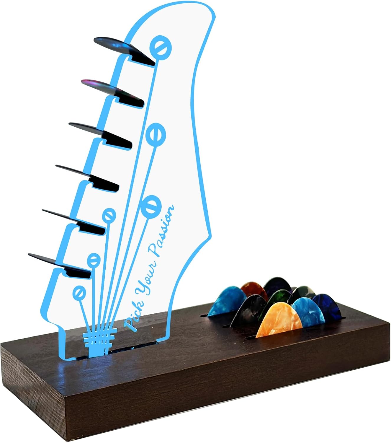 Light-Up Wooden Guitar Pick Holder - 7 Colour Acrylic Display