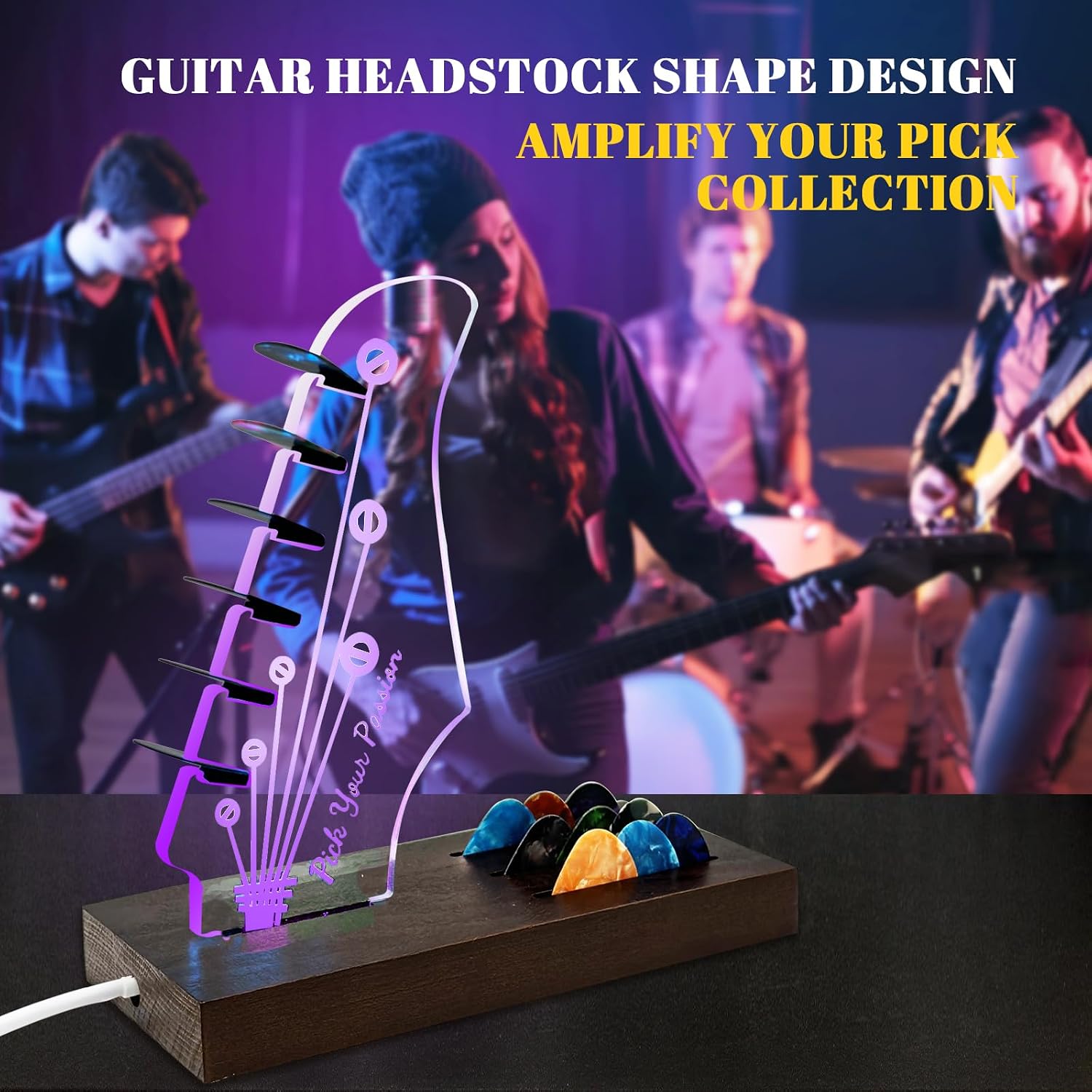 Light-Up Wooden Guitar Pick Holder - 7 Colour Acrylic Display