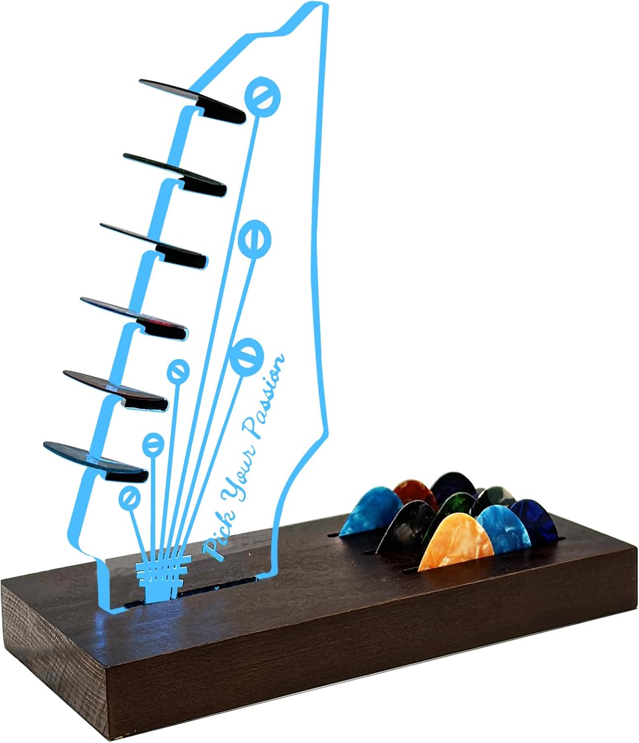 Light-Up Wooden Guitar Pick Holder - 7 Colour Acrylic Display