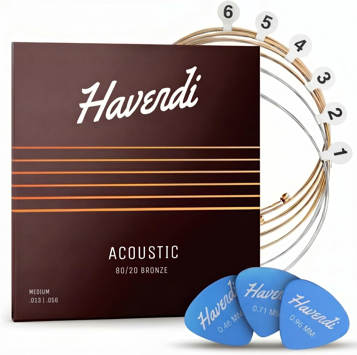 Acoustic Guitar Strings, 80/20 Bronze, Light 12-53 - 1 Set with 3 Picks