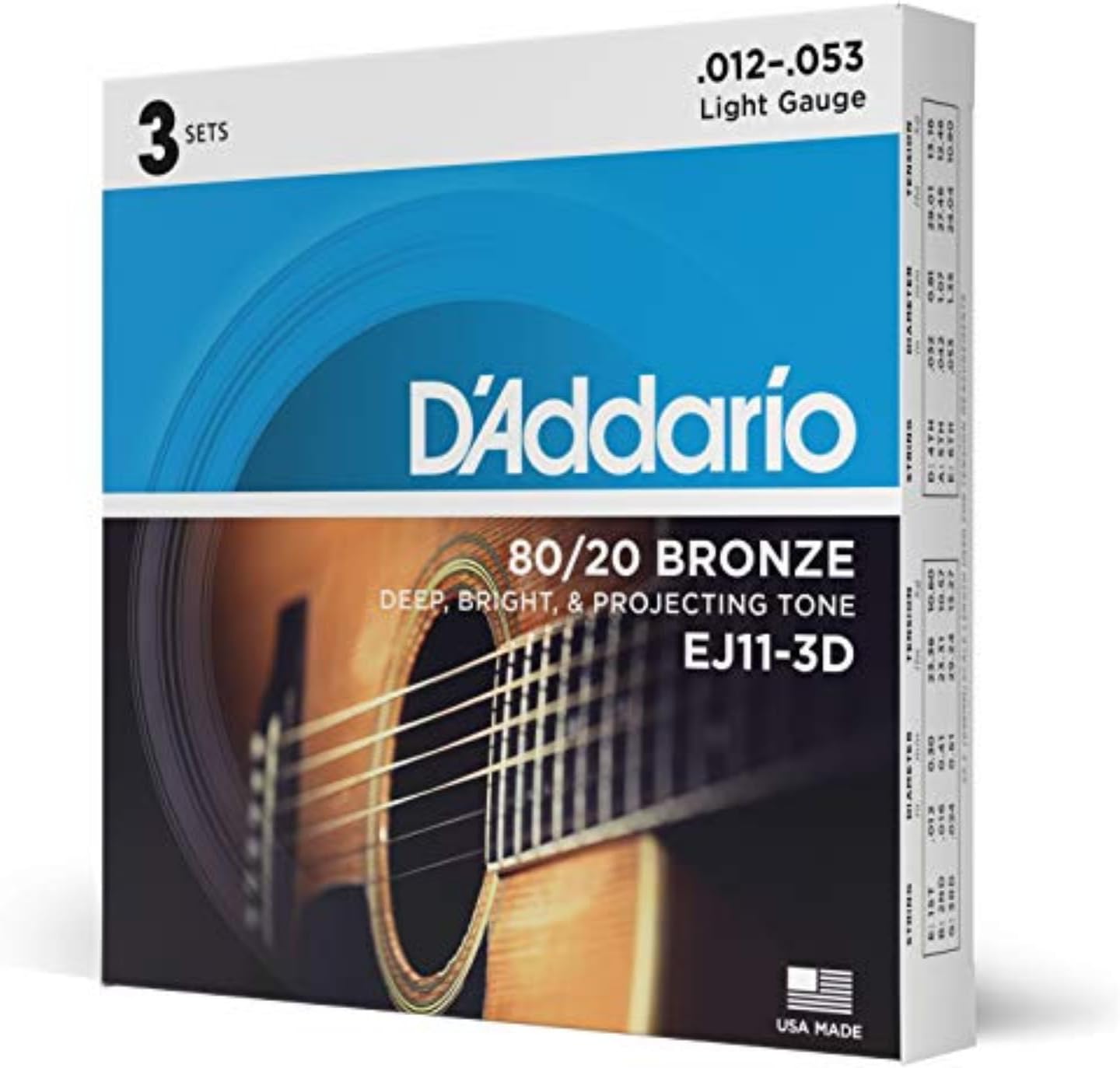 Acoustic Guitar Strings, 80/20 Bronze, Light 12-53 - 3 Sets