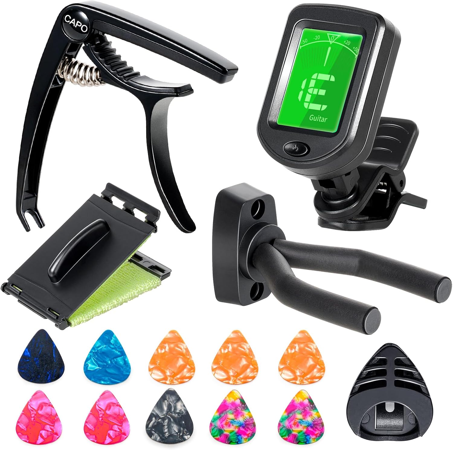 Guitar Accessory Kit - Capo, Tuner, Wall Hanger, Picks and String Cleaner