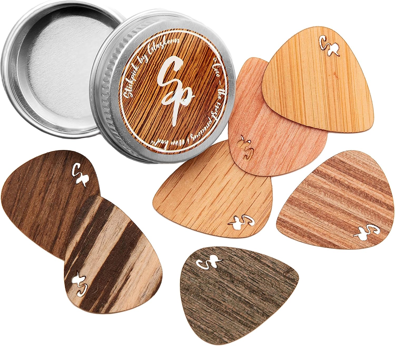 Wooden Guitar Picks, Set of 7 - Seven Woods in an Aluminium Tin