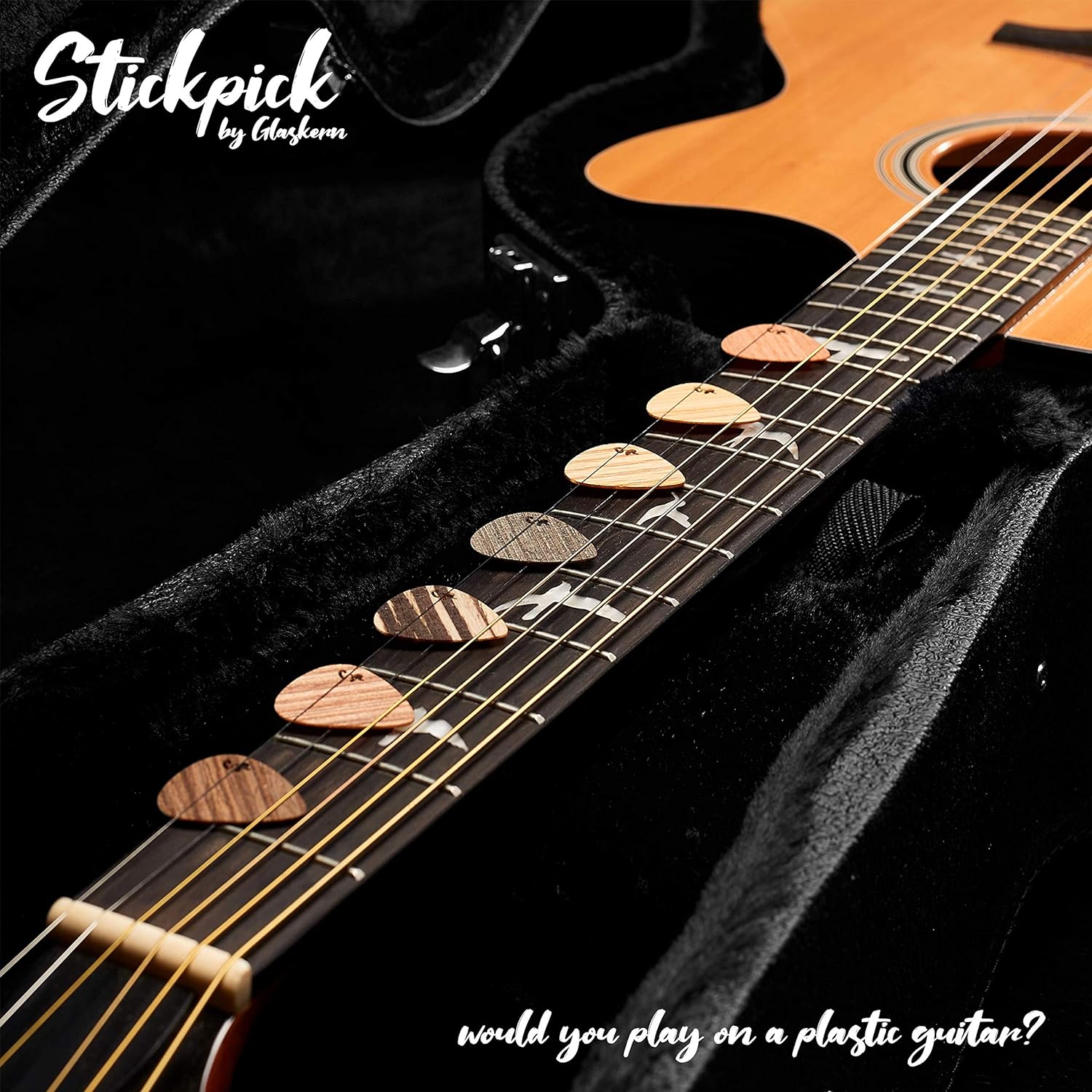 Wooden Guitar Picks, Set of 7 - Seven Woods in an Aluminium Tin