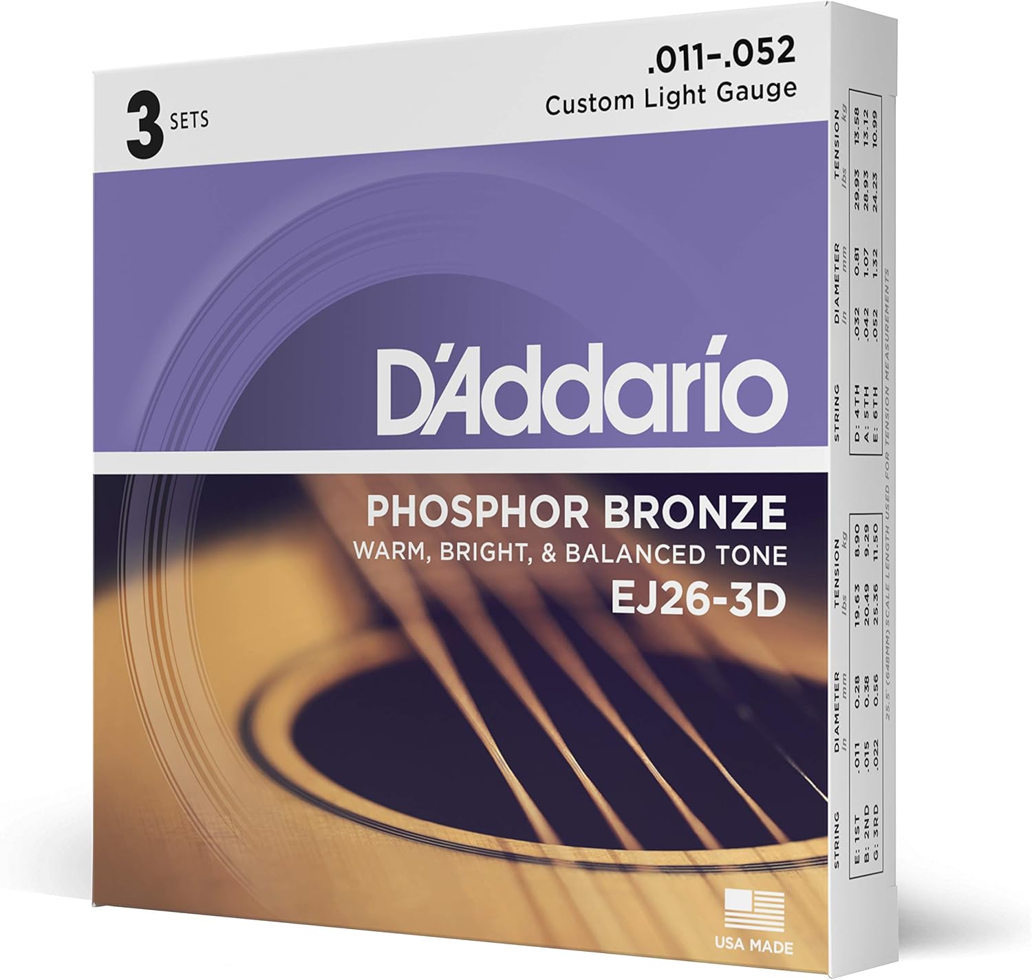 Acoustic Guitar Strings, Phosphor Bronze, Light 12-53 - 3 Sets