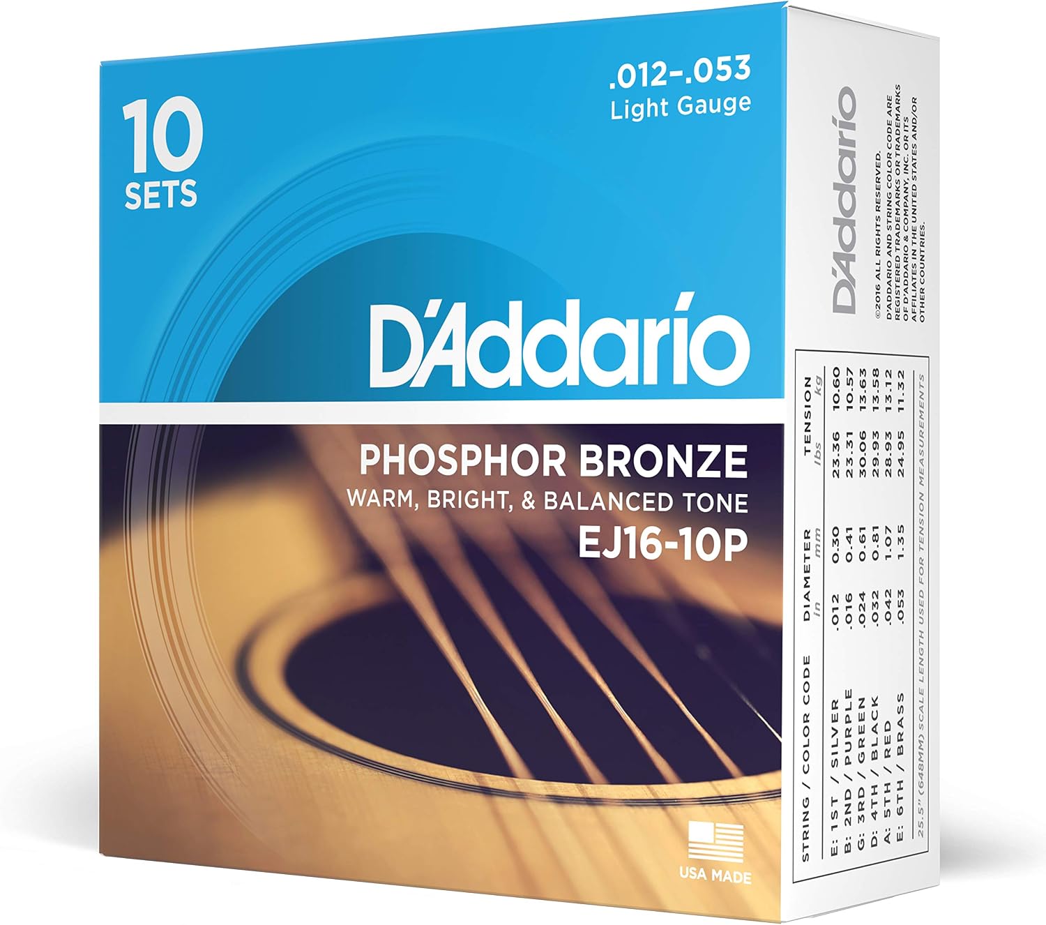Acoustic Guitar Strings, Phosphor Bronze, Light 12-53 - 3 Sets