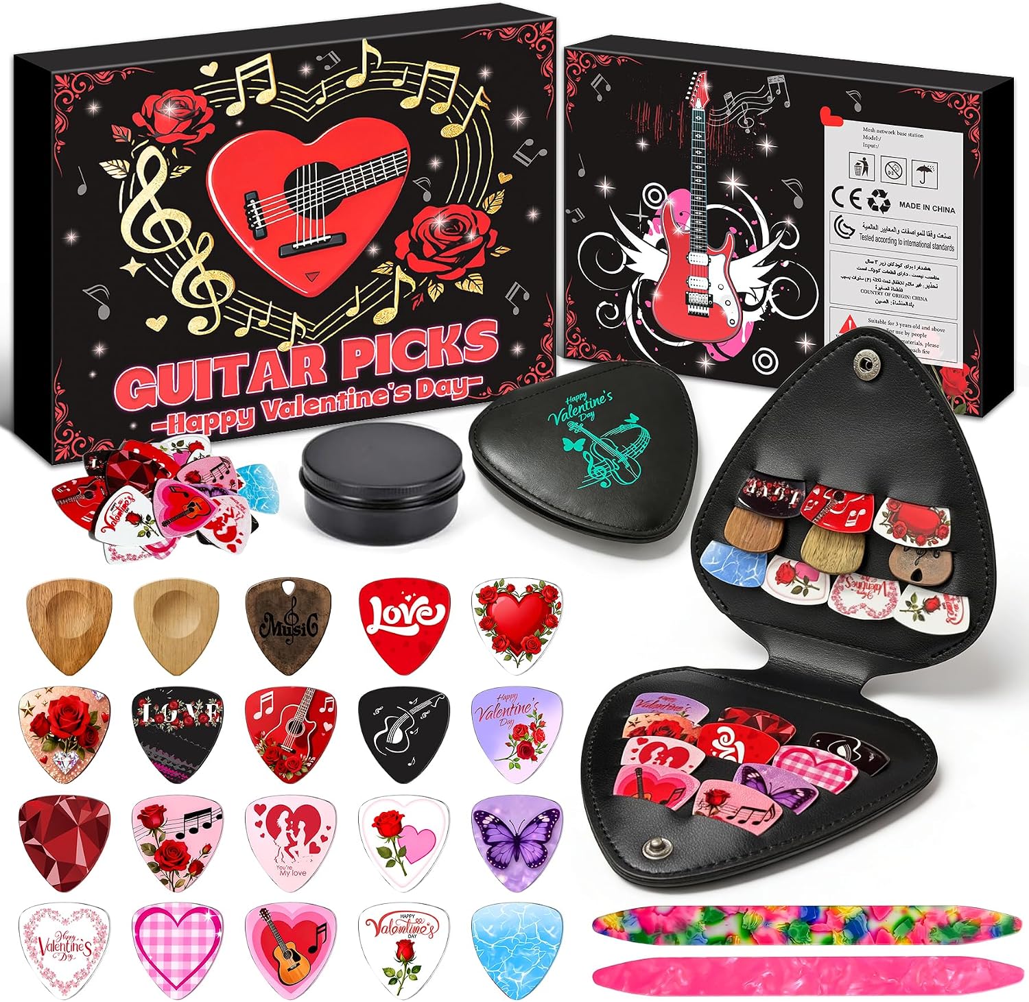 Guitar Pick Gift Set - 24 Colourful Picks, Leather-Look Holder and Metal Tin