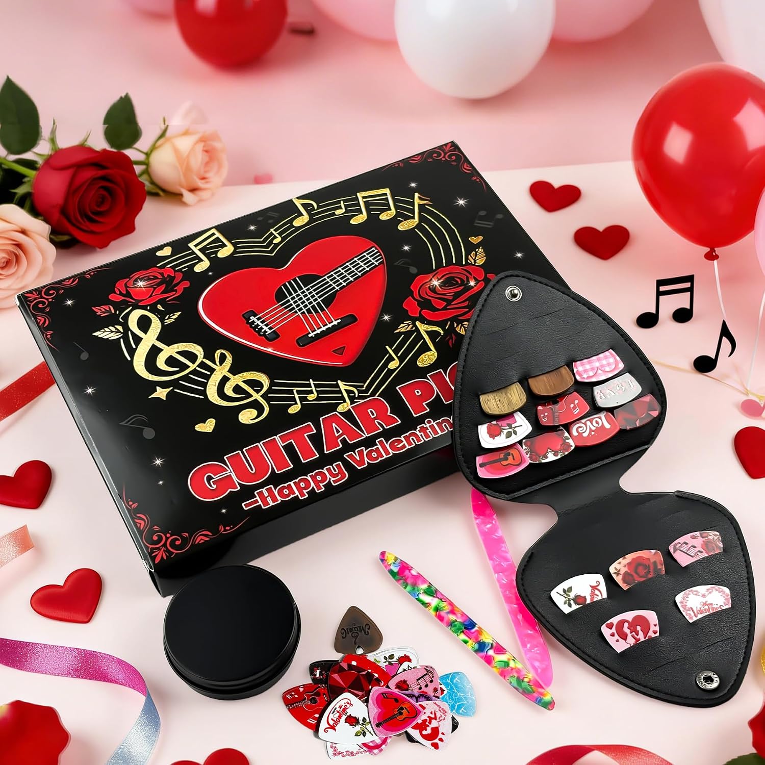 Guitar Pick Gift Set - 24 Colourful Picks, Leather-Look Holder and Metal Tin