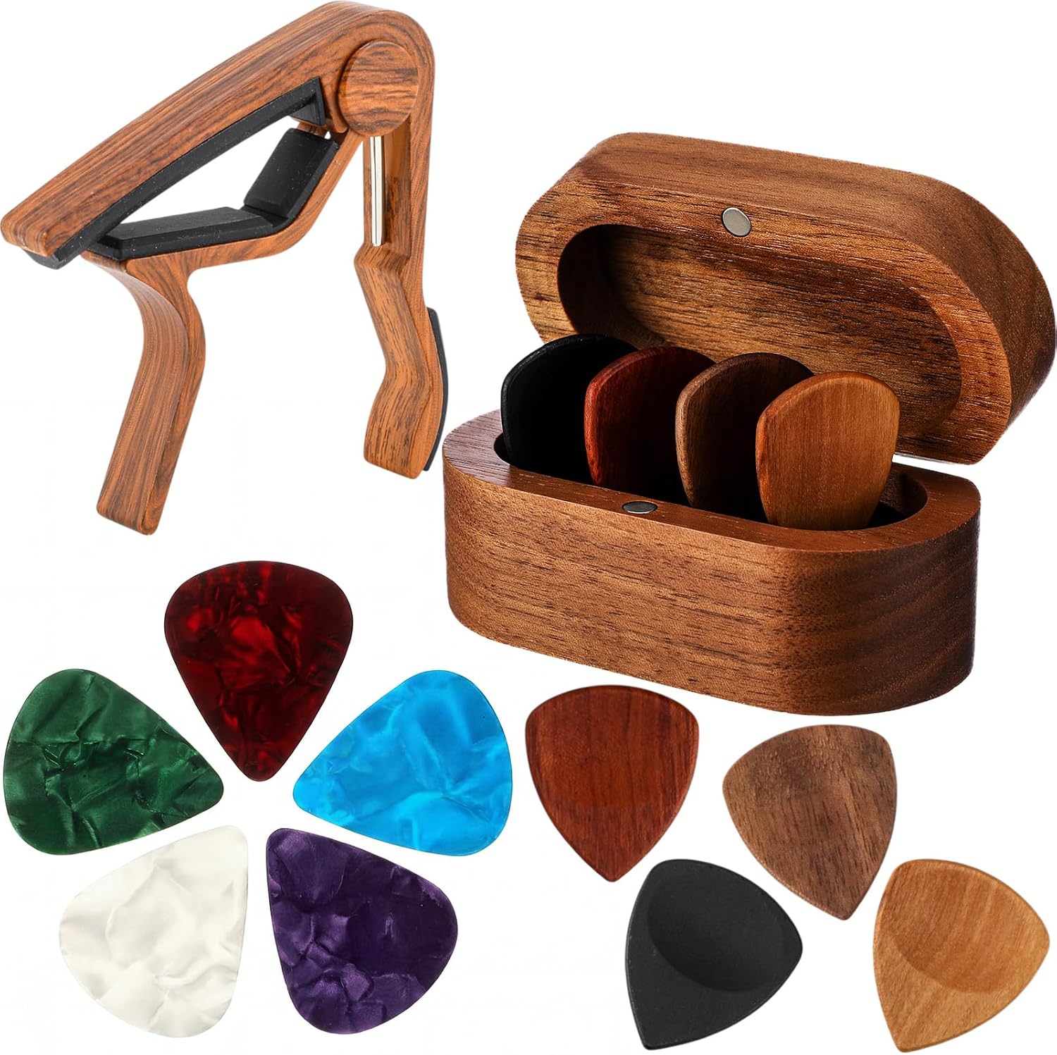 Capo and Pick Gift Set - Walnut Pick Case, 4 Wooden and 5 Celluloid Picks
