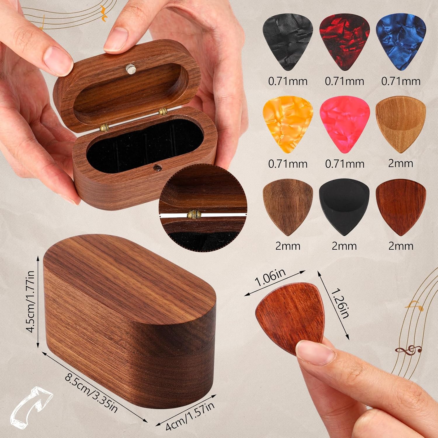 Capo and Pick Gift Set - Walnut Pick Case, 4 Wooden and 5 Celluloid Picks