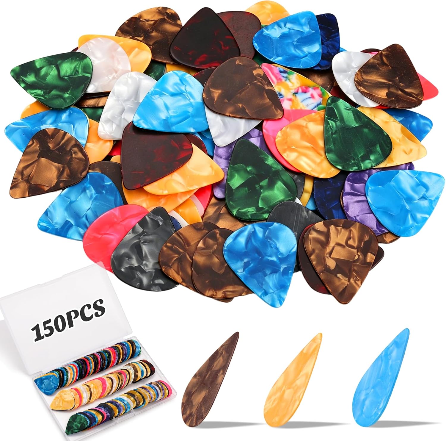 Guitar Picks, 150 Pack - 3 Thicknesses, 0.5, 0.75 and 1.0 mm