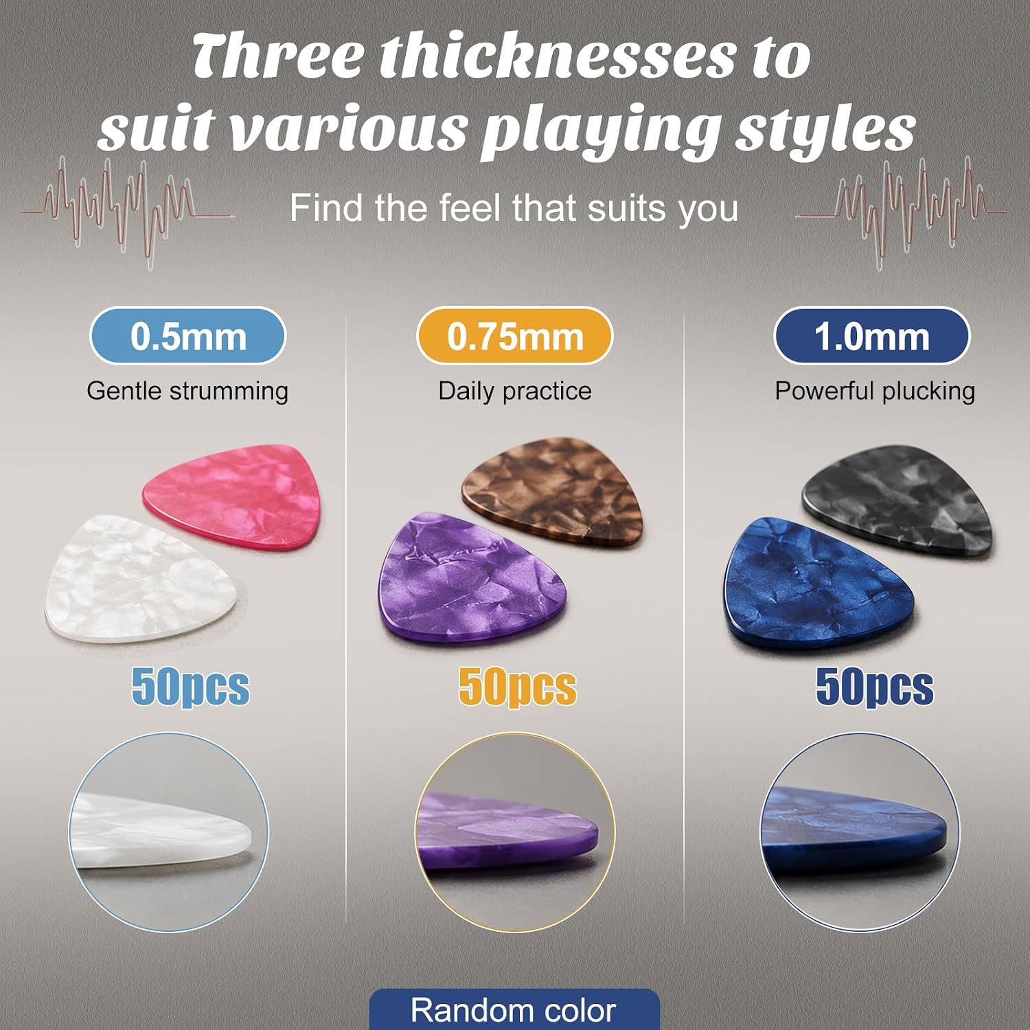 Guitar Picks, 150 Pack - 3 Thicknesses, 0.5, 0.75 and 1.0 mm