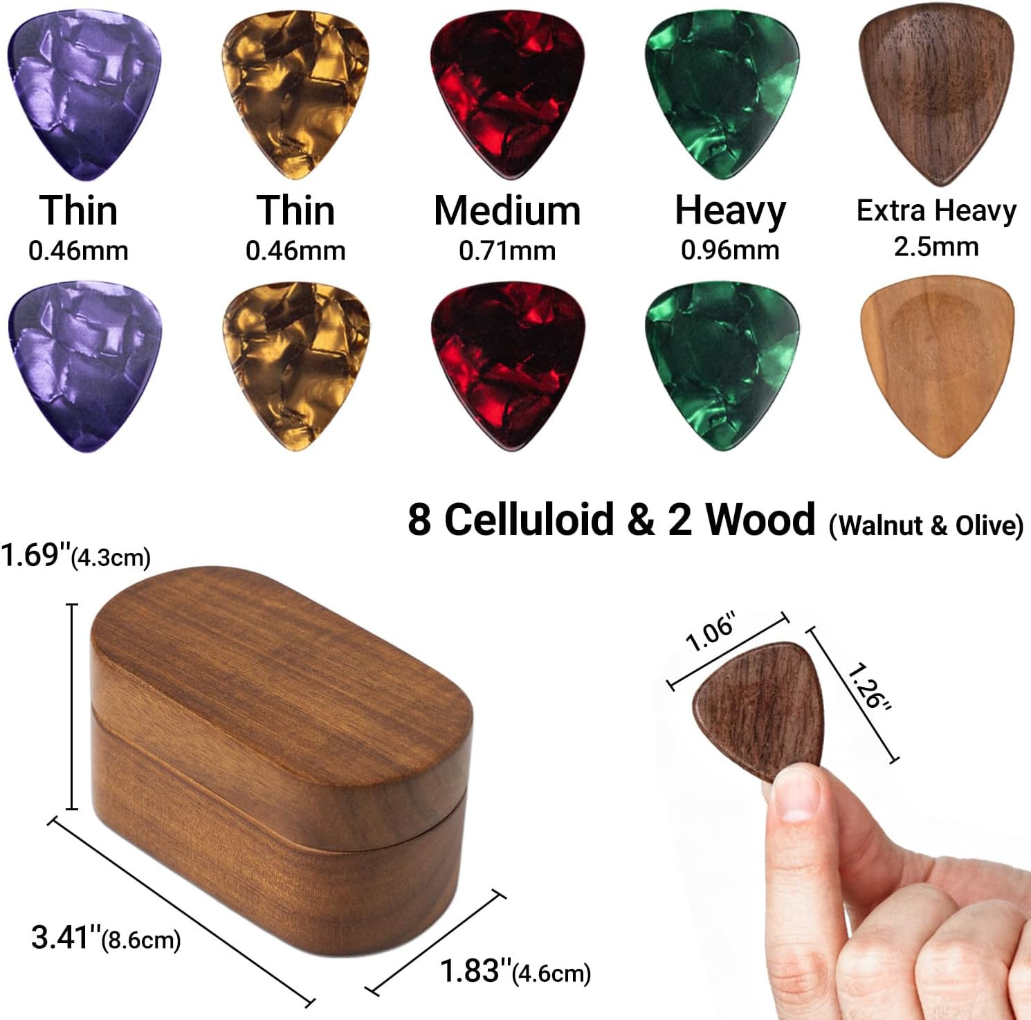 Wooden Guitar Pick Case with 2 Wood and 8 Celluloid Picks - 3 Thicknesses