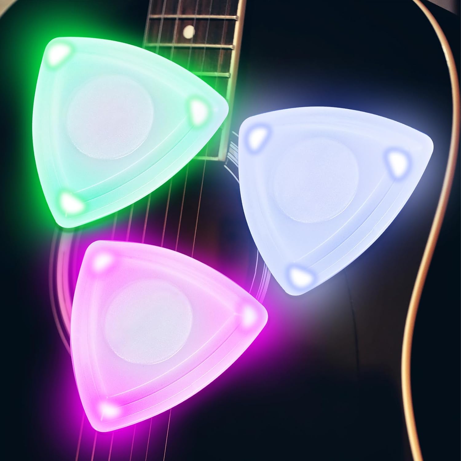 LED Light-Up Guitar Picks, 0.6 mm - 3 Pack, Green, White and Red