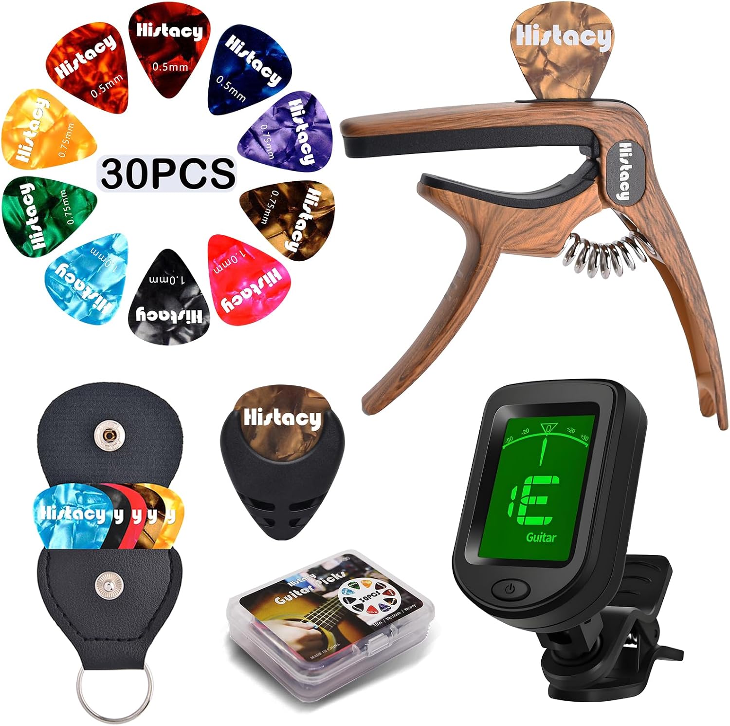 Guitar Accessory Kit - Clip-On Tuner, 3-in-1 Capo, 30 Picks and Storage Case
