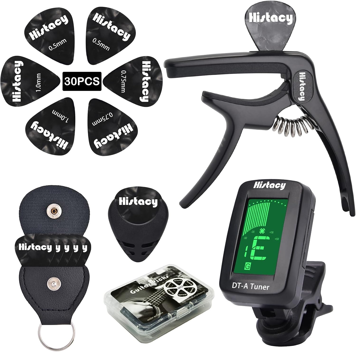 Guitar Accessory Kit - Clip-On Tuner, 3-in-1 Capo, 30 Picks and Storage Case
