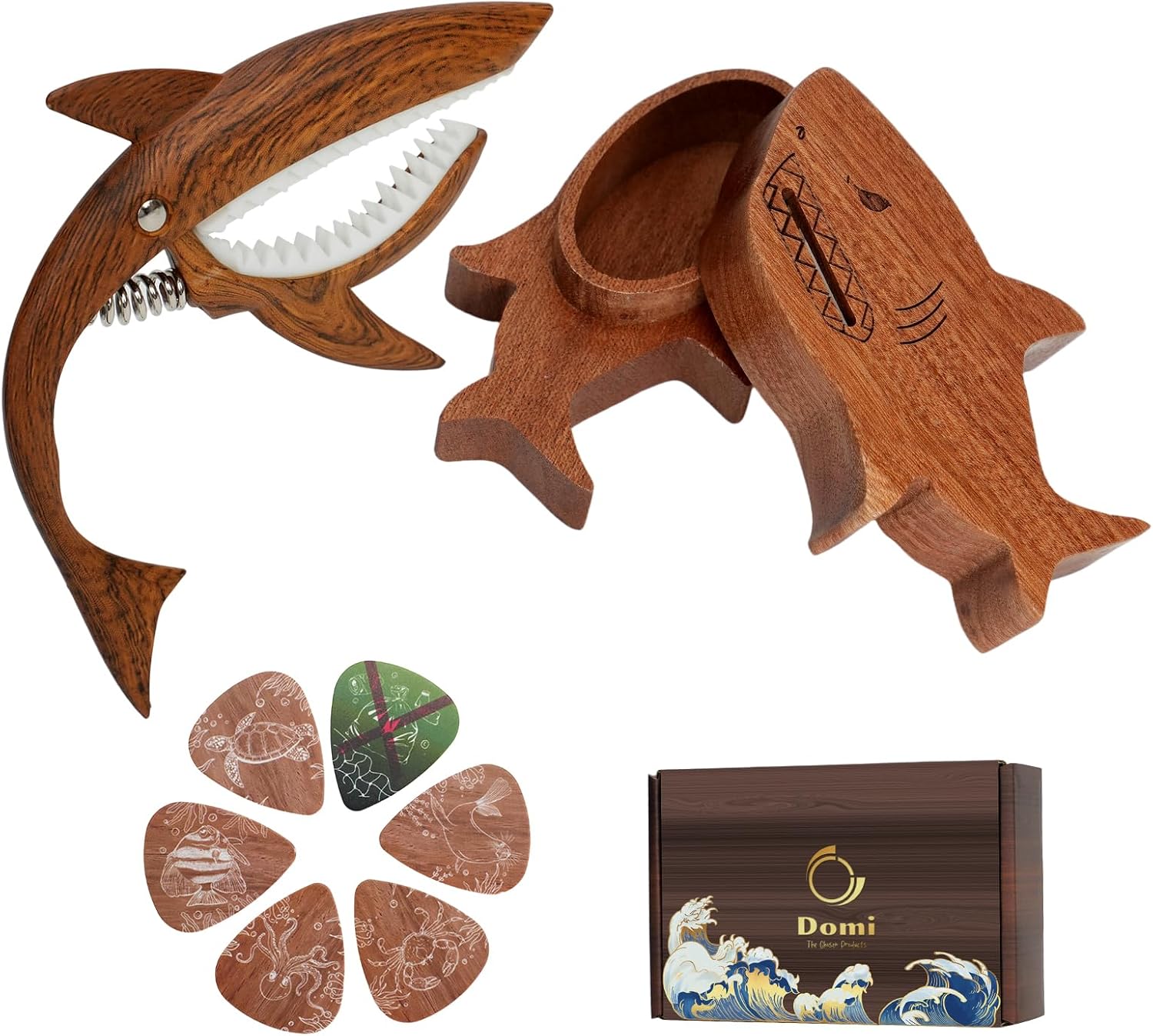 Shark-Shaped Guitar Capo Gift Set with Handcrafted Pick Holder and Picks