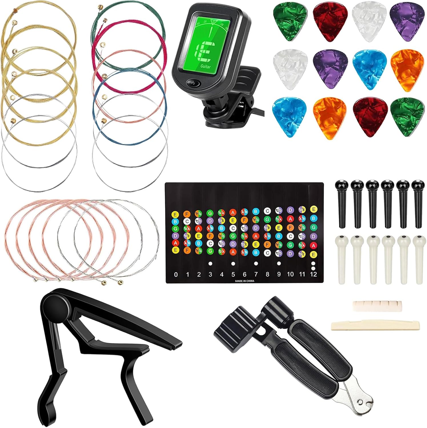48-Piece Guitar Accessory Kit - Strings, Tuner, Capo, Restring Tool, Bridge Pins and Saddles