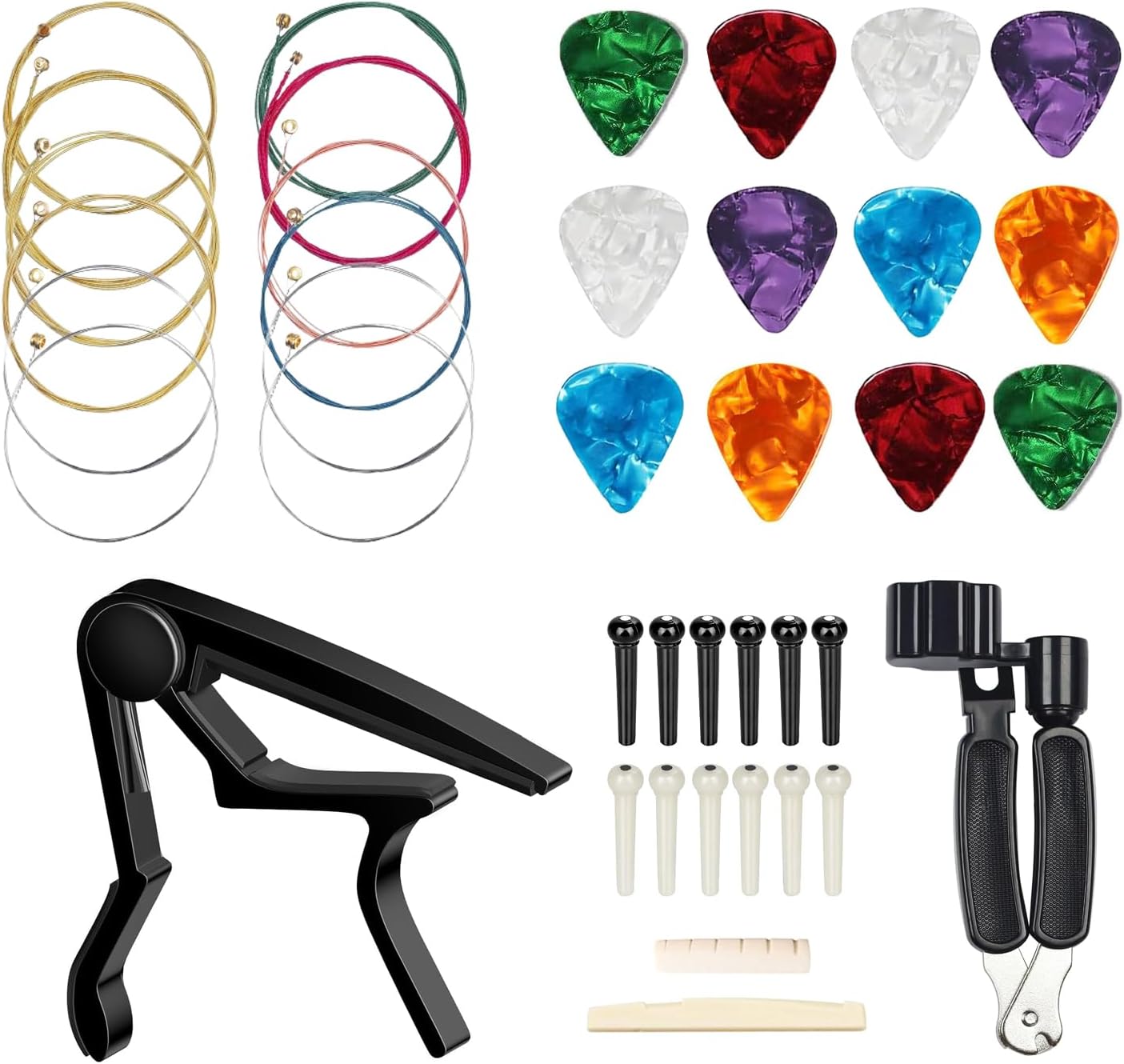 48-Piece Guitar Accessory Kit - Strings, Tuner, Capo, Restring Tool, Bridge Pins and Saddles